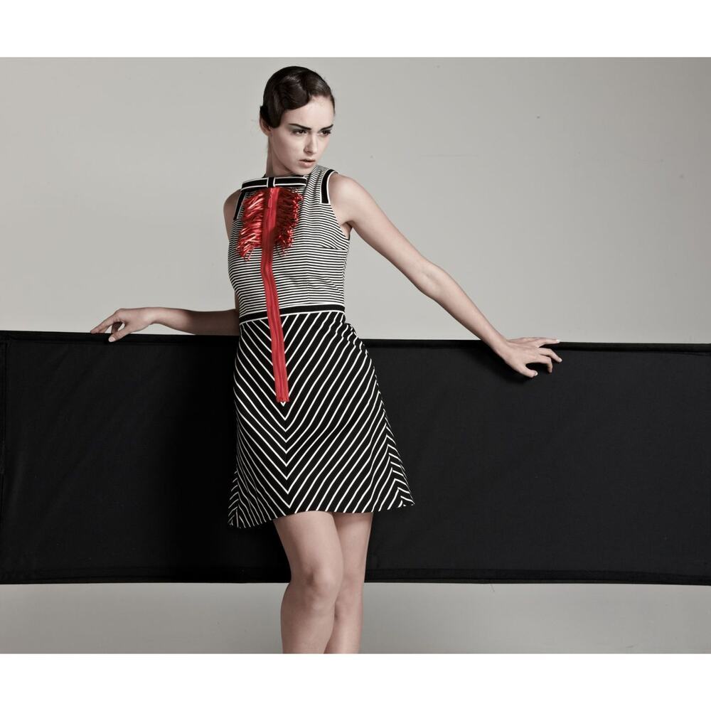 Byron Lars Beauty Mark Women's Black White Stripe A Line Dress Red Ribbon Zipper